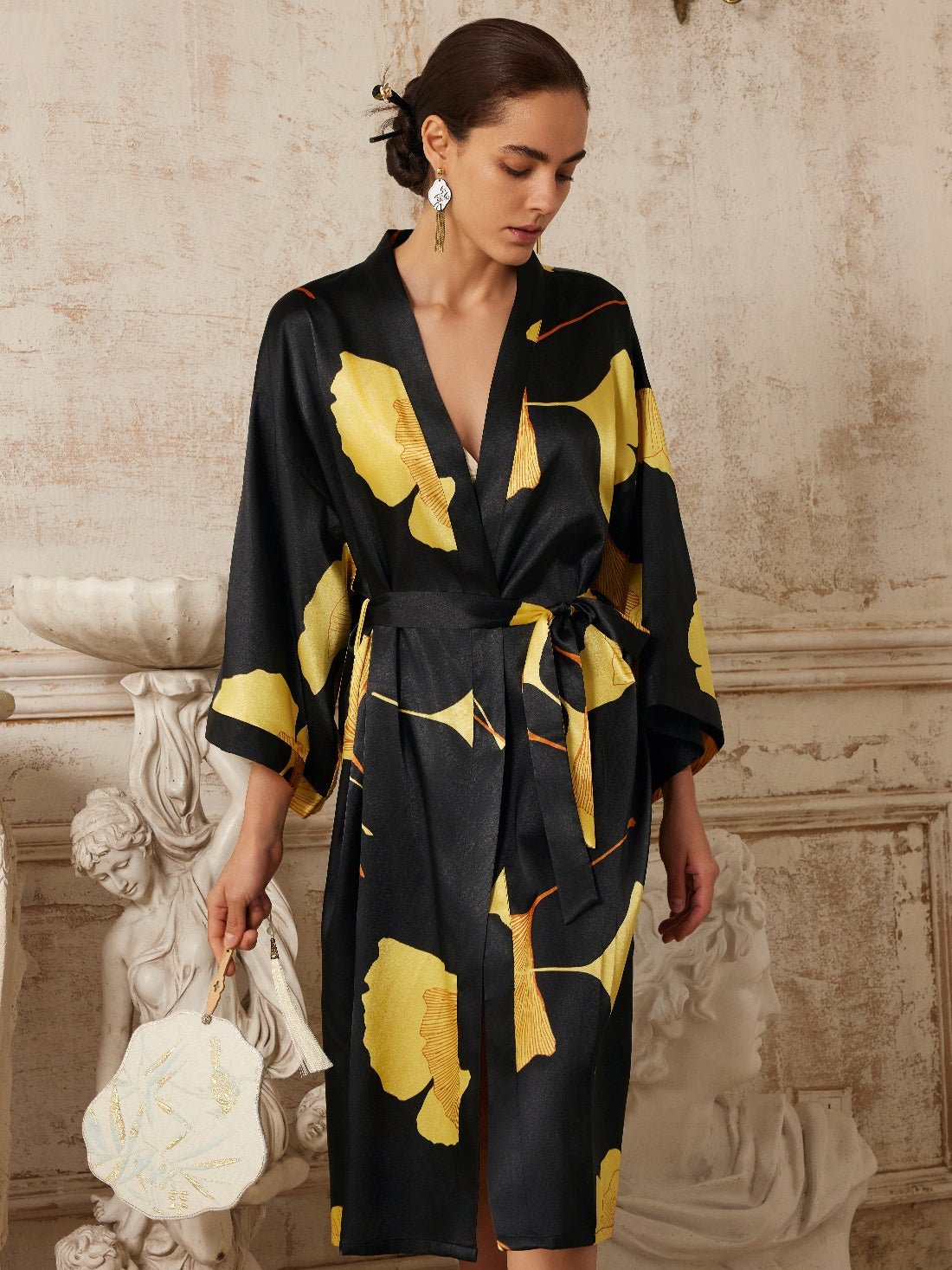 Yellow Ginkgo Leaf Print Black Kimono Robe Yellow Ginkgo Leaf Print Black Kimono Robe