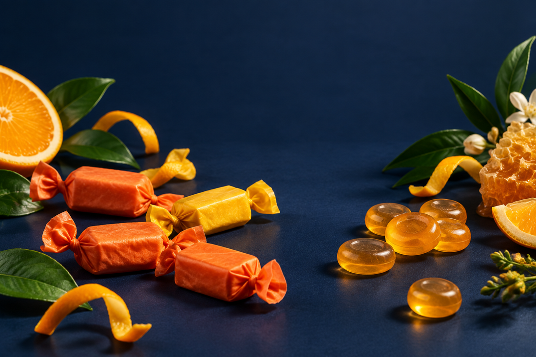 1 Shot Energy editorial image of unlabelled orange functional chews and honey lozenges with citrus and botanical accents on a navy and gold surface.