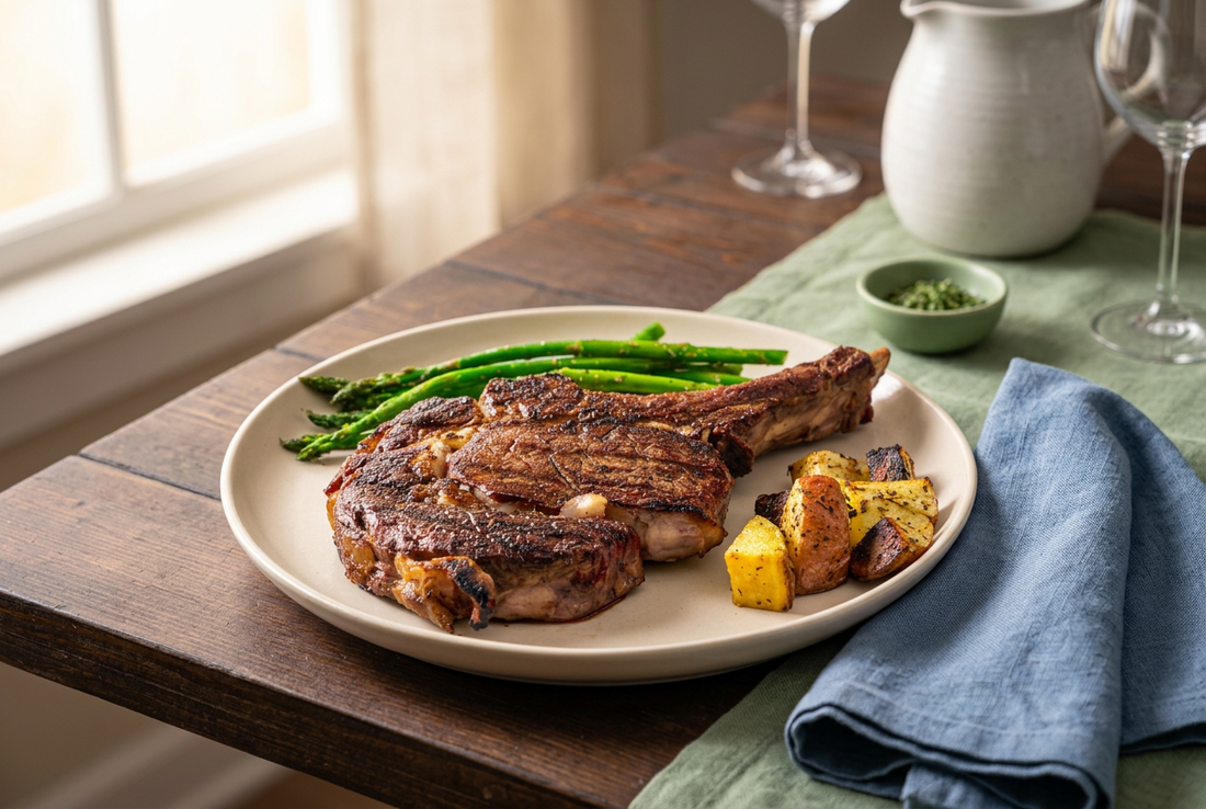 Cooked bone-in steak with asparagus and roasted potatoes on an ivory plate, styled as an EbersoleCattleCo meal suggestion on a wooden table.