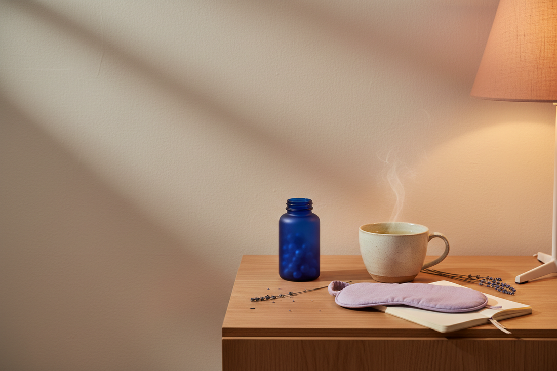 Added Nutrition sleep support with lavender, a journal, and warm bedside lighting for a calming nighttime routine. ⠋