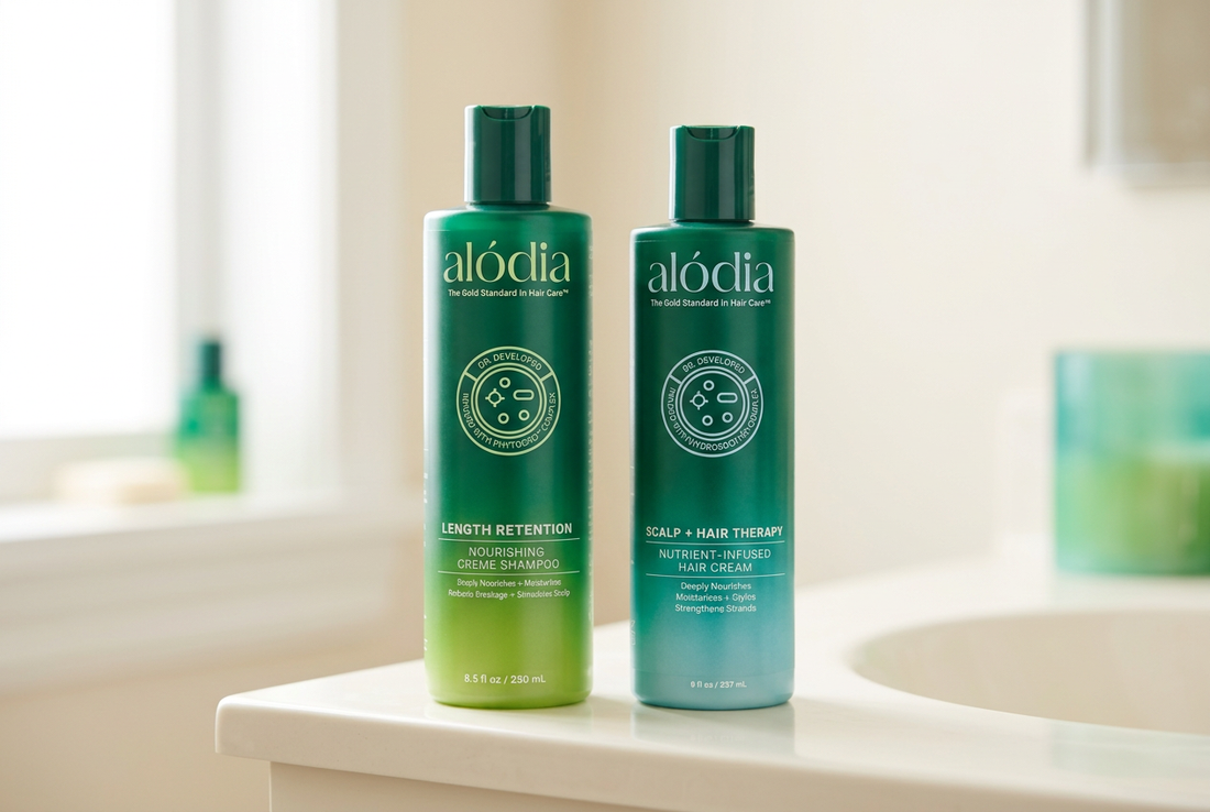 Alodia Nourishing Creme Shampoo and Nutrient-Infused Hair Cream bottles with green, lime, and aqua packaging on an ivory bathroom counter.