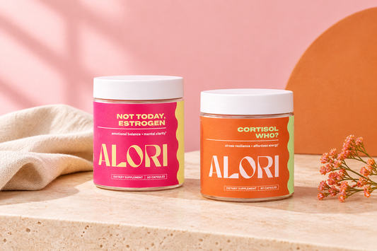 ALORI Not Today, Estrogen and Cortisol, Who? supplement jars on a cream surface against a blush-pink background with soft orange accents.