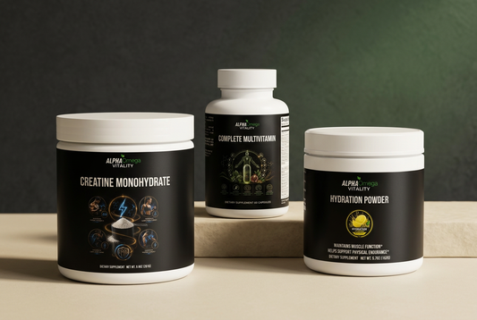 Alpha Omega Vitality creatine, multivitamin, and lemonade hydration containers with black labels arranged on ivory stone against a charcoal and botanical-green background.