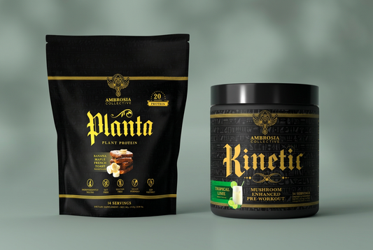 Ambrosia Collective Planta Banana Maple French Toast protein pouch beside a Kinetic Tropical Lime pre-workout tub on a muted-sage surface.