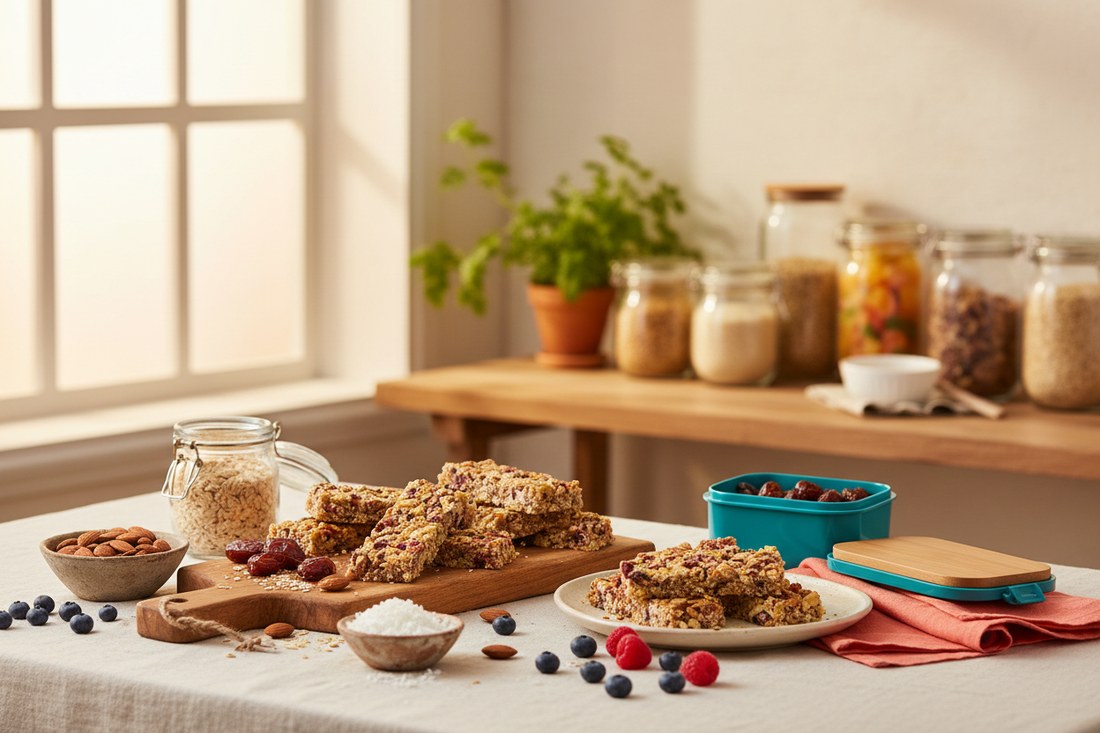 Amrita Health Foods plant-based snack bars with wholesome ingredients on a family kitchen table.
