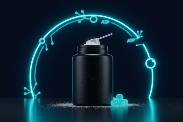 Arq8™ creatine supplement with electric cyan lighting against a dark navy background, evoking the ATP energy renewal cycle