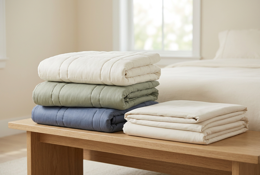 Folded Baloo Living weighted blankets in ivory, sage, and slate blue beside a cotton duvet cover on a light wood bench.