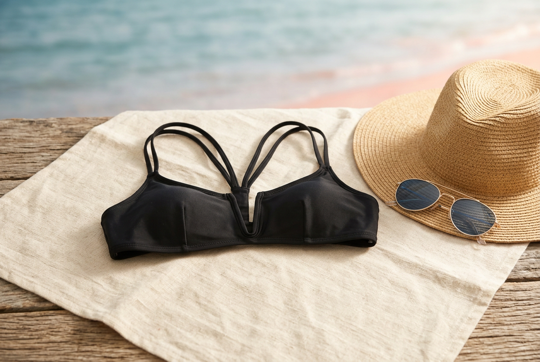 Black Forever Young Swimwear Santorini strappy bikini top on cream linen beside a straw hat and blue-lensed sunglasses.
