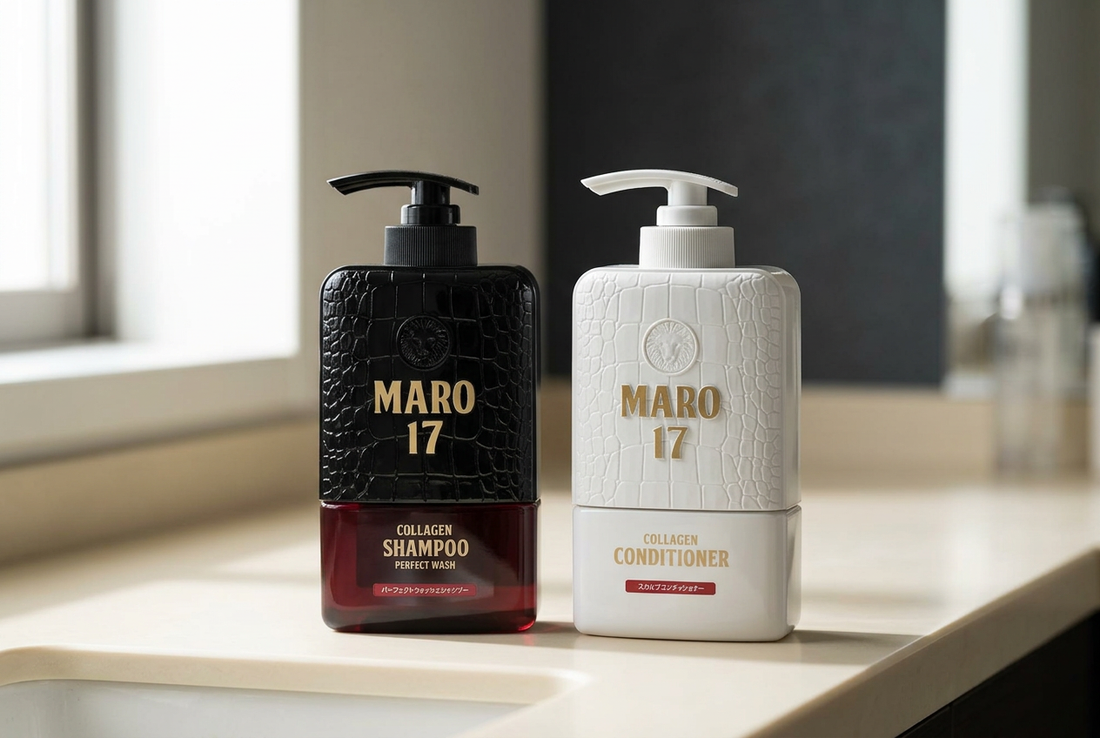 Black MARO17 Collagen Shampoo Perfect Wash and white MARO17 Collagen Conditioner pump bottles with gold lettering on an ivory bathroom counter.