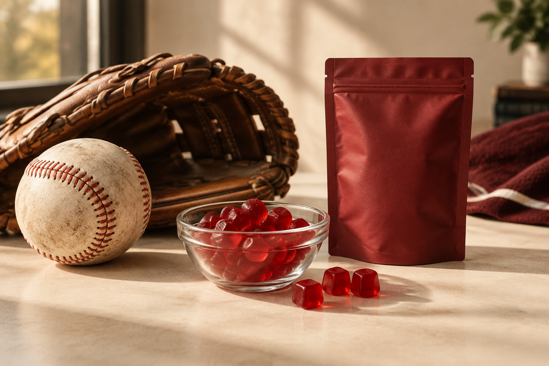 Burst Nutrition editorial still life with a baseball, leather glove, red gummies, and an unlabelled red pouch on a warm ivory tabletop. ⠋