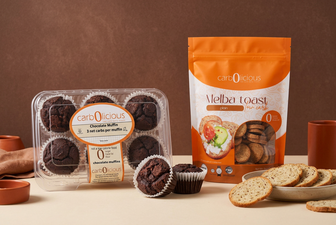Carbolicious chocolate muffins and Plain Melba Toast with their orange-and-white packaging on a cream surface against a warm cocoa background.