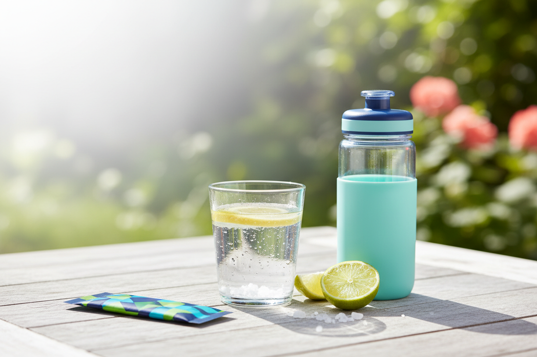 Cellutrex electrolyte hydration drink with citrus, mineral-rich salt, condensation, and a reusable bottle outdoors. ⠋