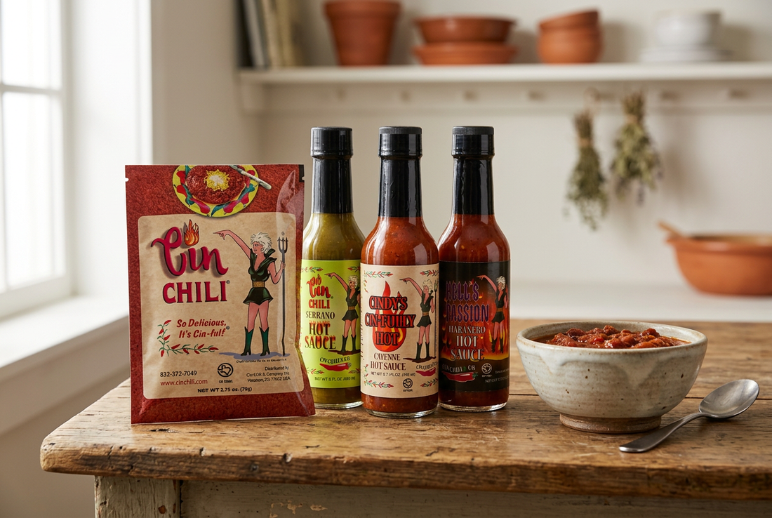 CIN CHILI seasoning packet and Serrano, Cayenne, and Habanero hot sauce bottles beside a bowl of red chili on a wooden table.