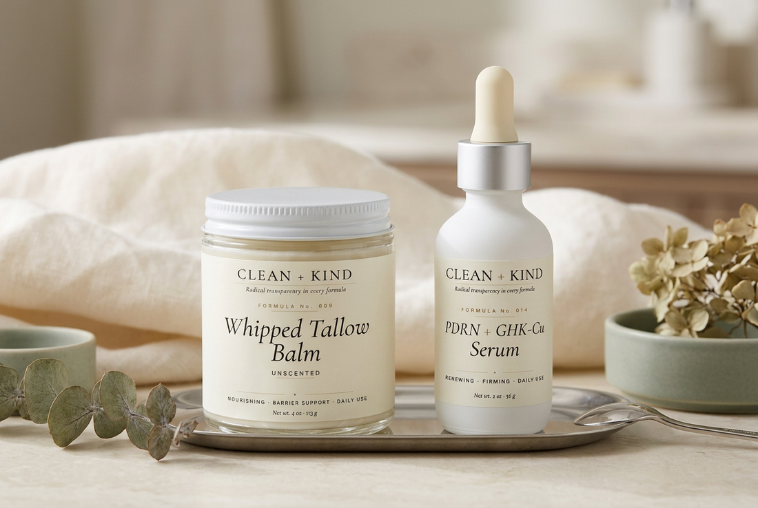 Clean + Kind Unscented Whipped Tallow Balm and PDRN + GHK-Cu Serum on an ivory stone vanity beside folded cream linen.