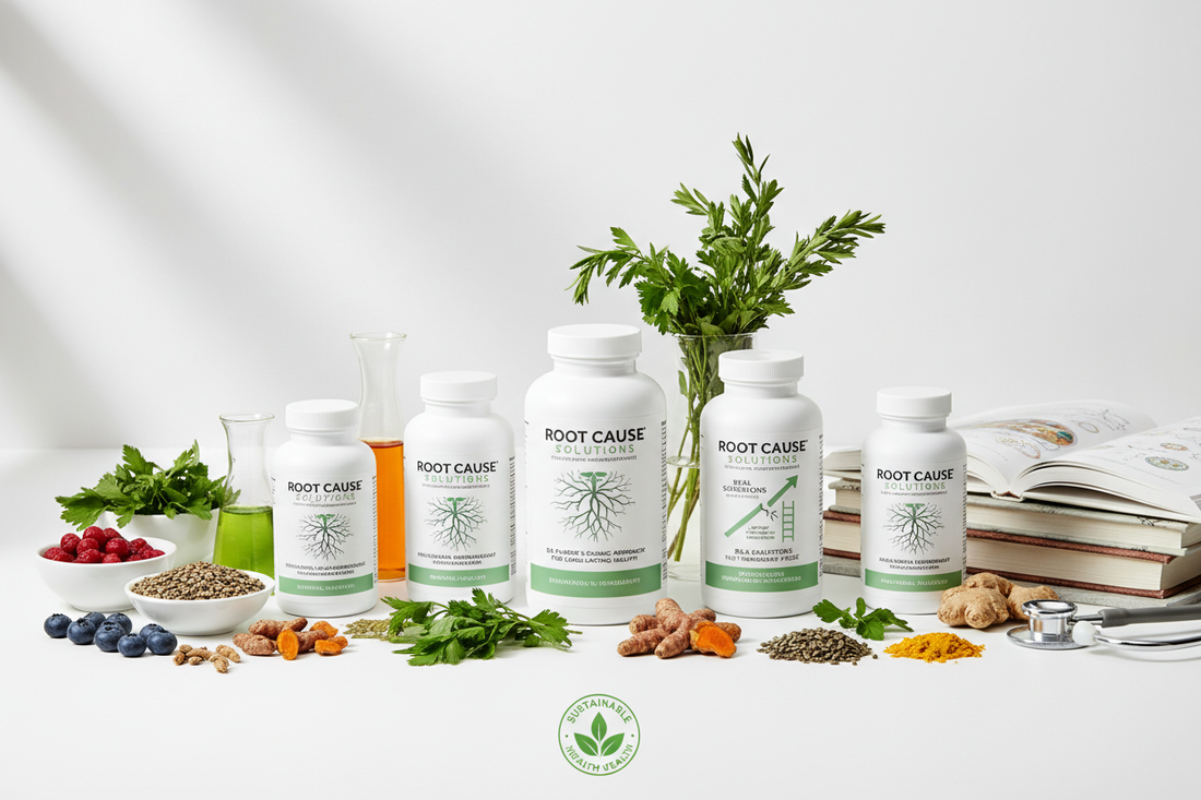 Physician Designed supplements arranged for a physician-led root cause wellness story