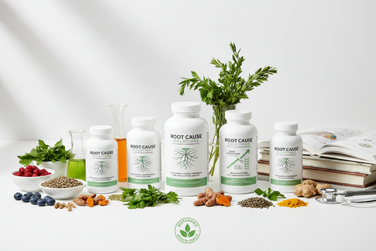 Physician Designed supplements arranged for a physician-led root cause wellness story