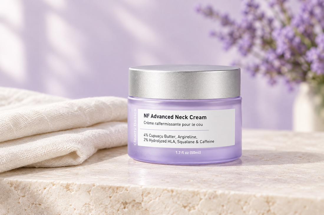 Clearly Basics NF Advanced Neck Cream lavender jar with a silver lid beside ivory linen on an off-white stone surface.