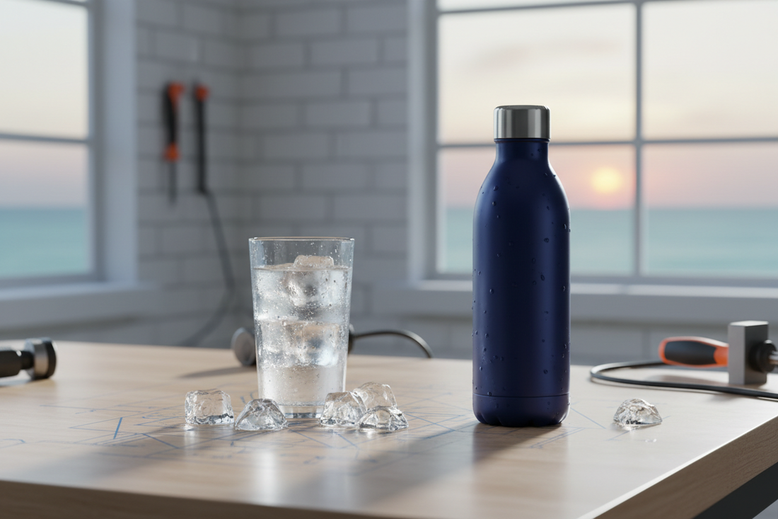 Coldest insulated water bottle with ice, condensation, and an engineering-inspired workshop setting.
