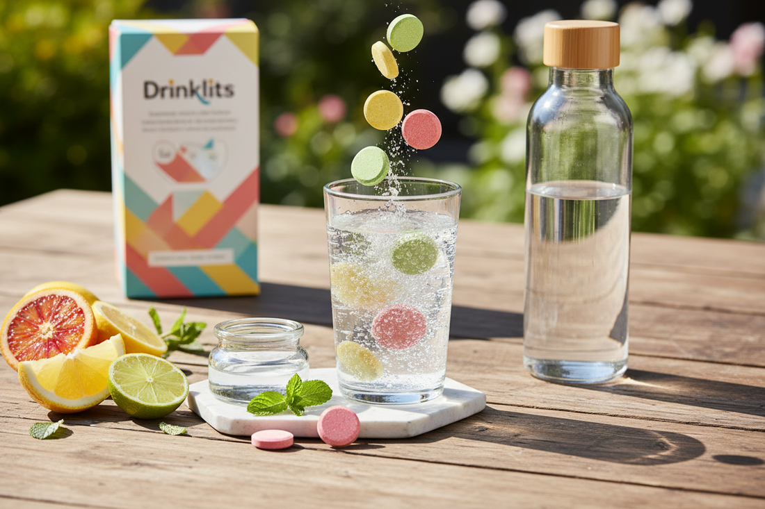 Colorful Drinklits hydration tablets with citrus, sparkling water, and green leaves for active sustainable hydration.