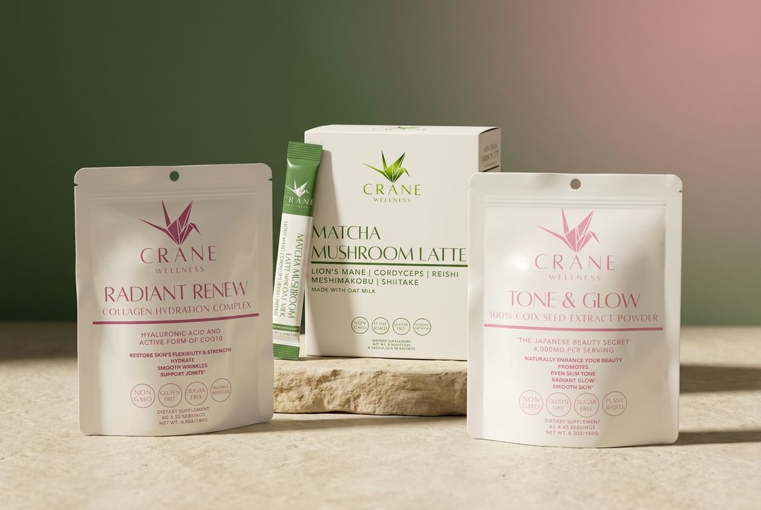 Crane Wellness Matcha Mushroom Latte, Tone & Glow, and Radiant Renew packaging arranged on cream stone against a matcha-green and soft-rose background.