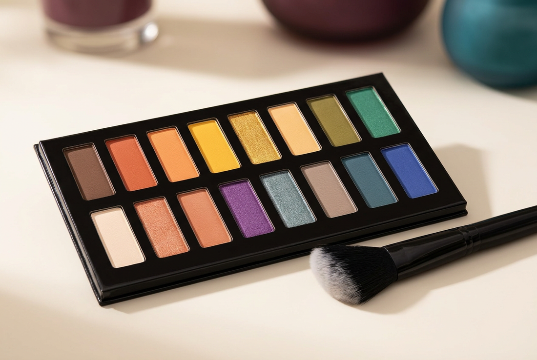 Crown Brush Chroma sixteen-shade eyeshadow palette beside a black angled blush brush on an ivory vanity surface.