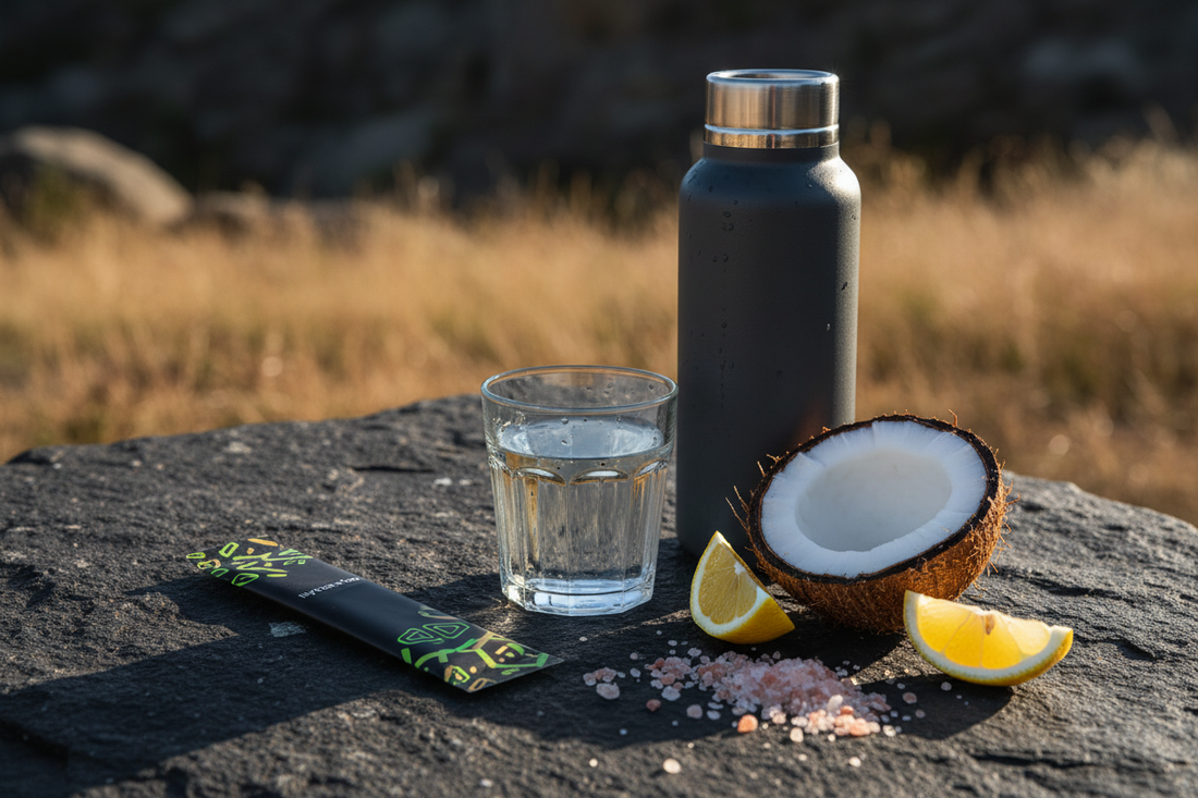 DeadShot electrolyte hydration stick with coconut water, Himalayan pink salt, citrus, and a reusable bottle for active hydration.