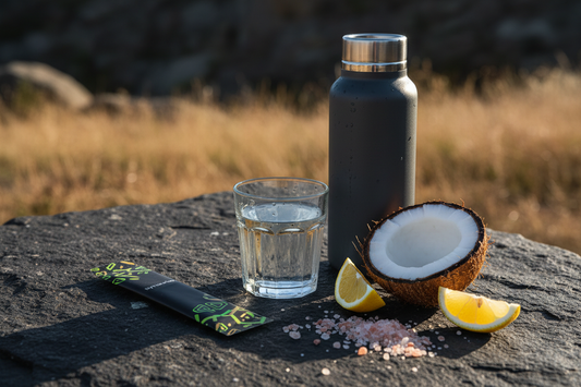 DeadShot electrolyte hydration stick with coconut water, Himalayan pink salt, citrus, and a reusable bottle for active hydration.