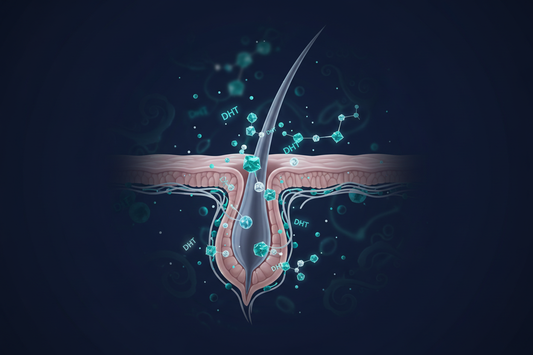 Scientific illustration showing DHT hormone binding to hair follicle receptors causing follicular miniaturization and hair loss