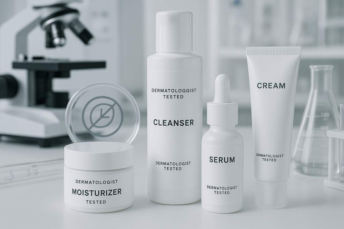 EpiLynx by Dr. Liia medically-clean skincare products arranged on a clean clinical white surface representing safe beauty for sensitive skin