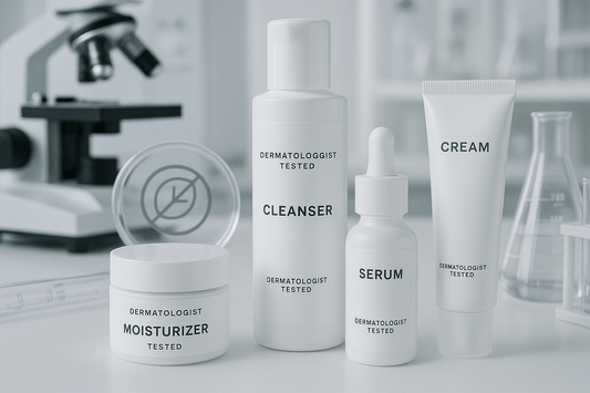 EpiLynx by Dr. Liia medically-clean skincare products arranged on a clean clinical white surface representing safe beauty for sensitive skin