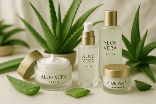 InfiniteAloe aloe vera skincare products arranged on a fresh green botanical surface representing healthy natural skin