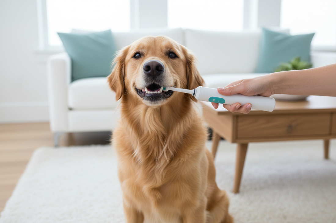 A dog sitting calmly at home while a person brushes its teeth with a sleek electric toothbrush, showcasing Dr. Milou's clinic-inspired pet dental care in a warm, modern setting