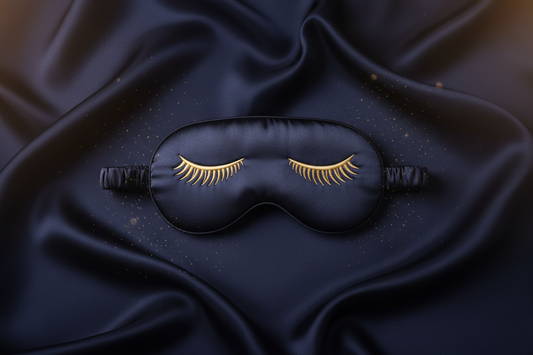 Drowsy Sleep Co. — Luxury silk sleep mask with gold embroidered eyelash details on dark navy silk, premium editorial photography