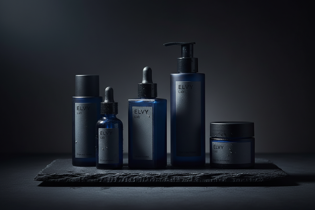 ELVY Lab dark navy skincare bottles and serums arranged on a slate surface with dramatic studio lighting