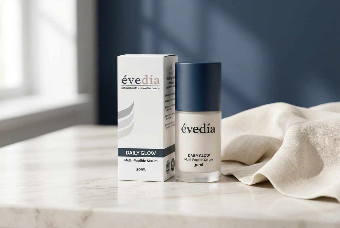 EVEDIA Daily Glow peptide serum bottle with a navy cap and white carton beside cream linen on pale marble.