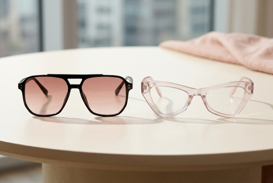 Fifth and Ninth Skye sunglasses with black frames and rose lenses beside translucent pink Virginia glasses on an ivory tabletop.