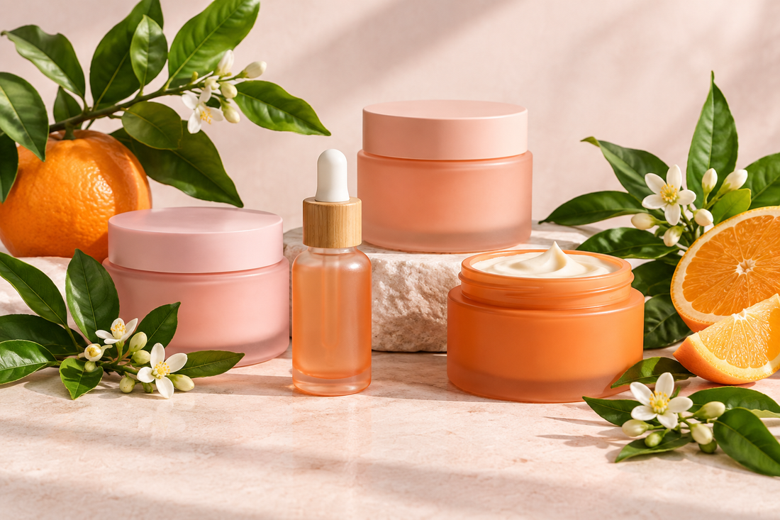 FIG Beauty & Skincare editorial still life of unlabelled pink and orange skincare containers with fresh leaves and citrus, representing plant-based beauty.