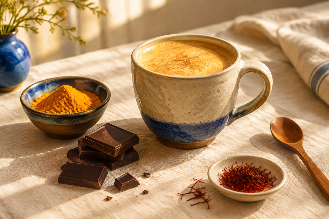 Fihi Nutrition editorial still life with a creamy latte, dark chocolate, turmeric, and saffron on ivory linen with warm gold and blue accents.