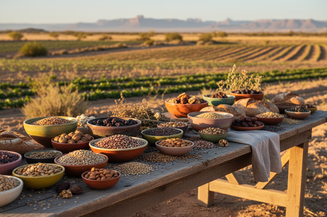 Folk Revival heirloom foods, grains, nuts, seeds, and wholesome pantry ingredients on a rustic table beside an organic farm landscape.