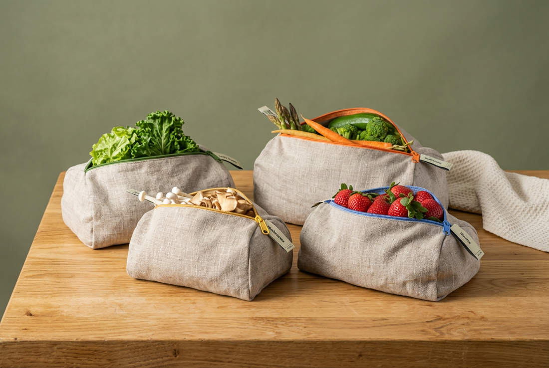 Four Ambrosia flax-linen produce bags with colorful zippers holding leafy greens, vegetables, strawberries, and mushrooms on a wooden kitchen counter.