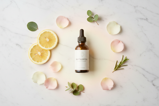Dark supplement bottle, sliced lemon, rose petals, and green leaves on white marble — glutathione and skin health science