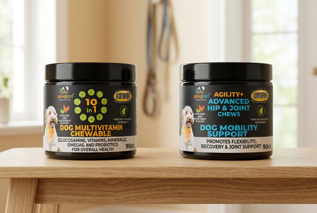  Googipet 10 in 1 multivitamin and Agility+ hip and joint chew jars on a wooden console in a softly lit home.