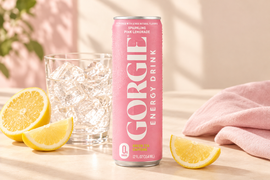 GORGIE Sparkling Pink Lemonade energy drink can beside a glass of ice, lemon slices, and pale-pink linen on a cream tabletop.