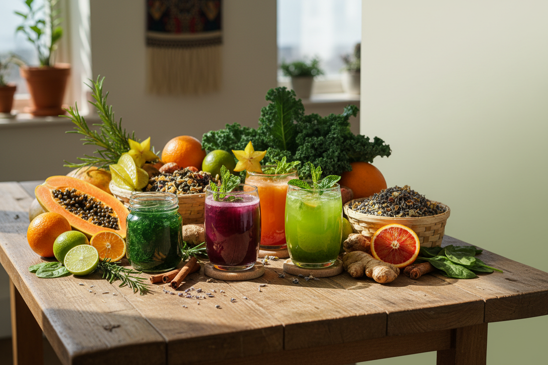 Grind Naturally Organics wellness juices, herbal tea, sea moss gel, tropical fruit, and fresh botanicals on a sunlit table.