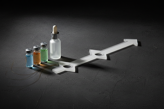 Editorial close-up of glass vials, a dropper bottle, and hair strands arranged beside a timeline graphic on a dark charcoal surface — hair loss treatment timeline