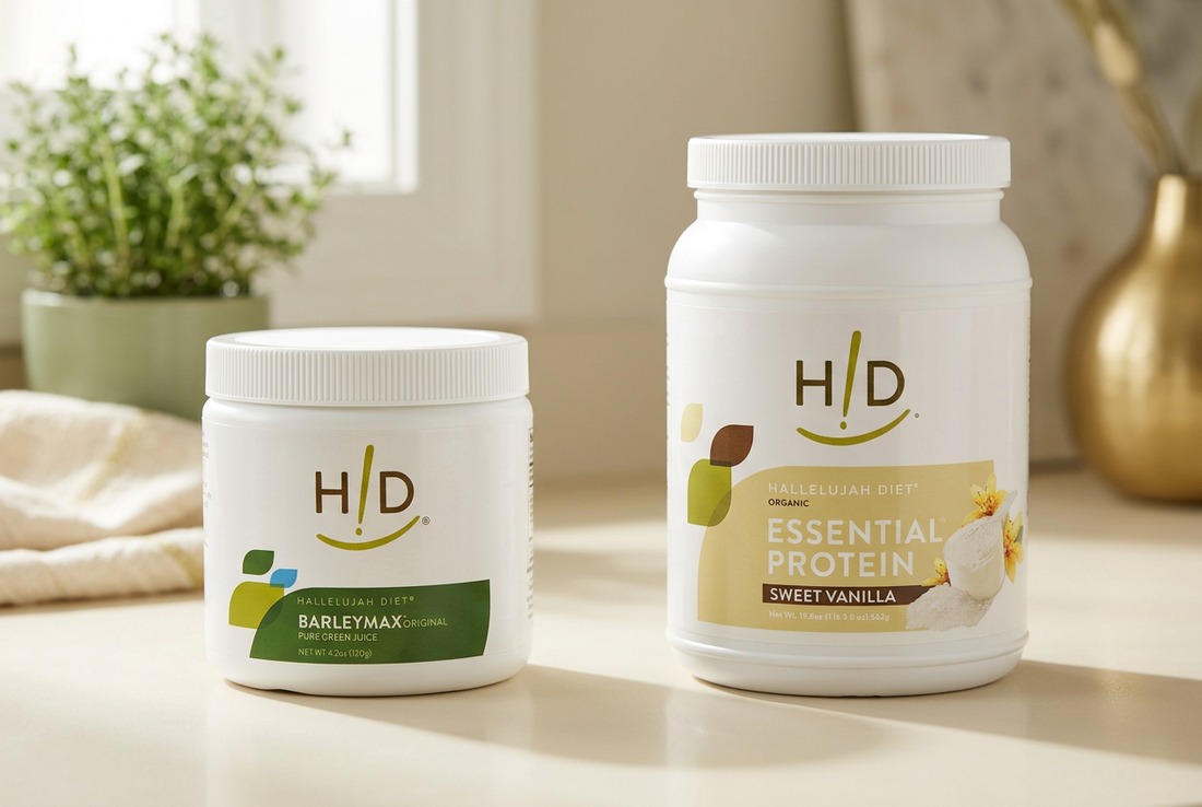 Hallelujah Diet BarleyMax Original and Essential Protein Sweet Vanilla containers with green and cream labels on an ivory kitchen counter.