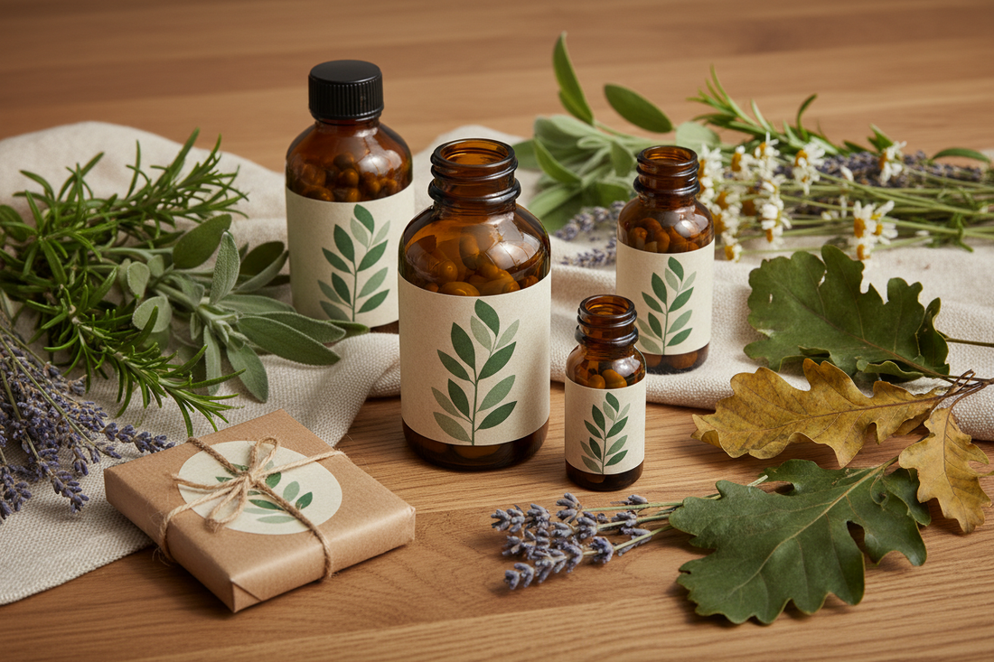 Herbal Roots herbal supplements in amber glass bottles with fresh medicinal herbs and dried botanicals on a natural wood table.