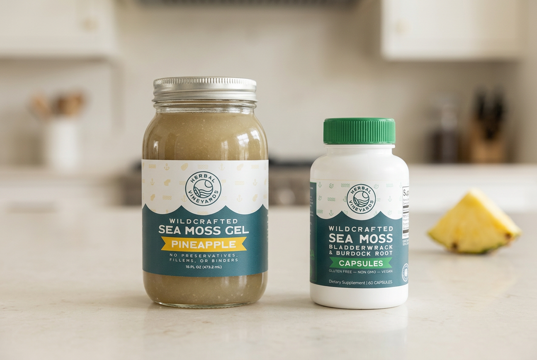 Herbal Vineyards pineapple sea moss gel jar and sea moss, bladderwrack, and burdock root capsule bottle on a cream kitchen counter.