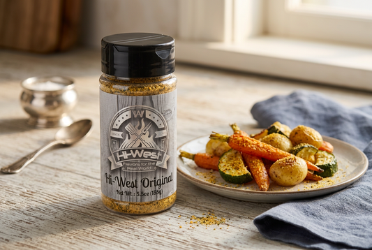  Hi-West Original seasoning jar beside roasted vegetables and potatoes on a rustic kitchen worktop with slate-blue linen.
