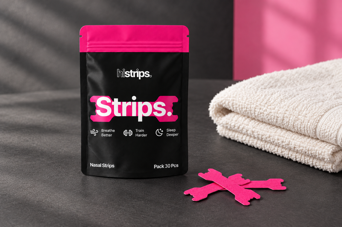 HiStrips black and pink nasal-strip pouch with two pink strips beside an ivory athletic towel on a charcoal surface.